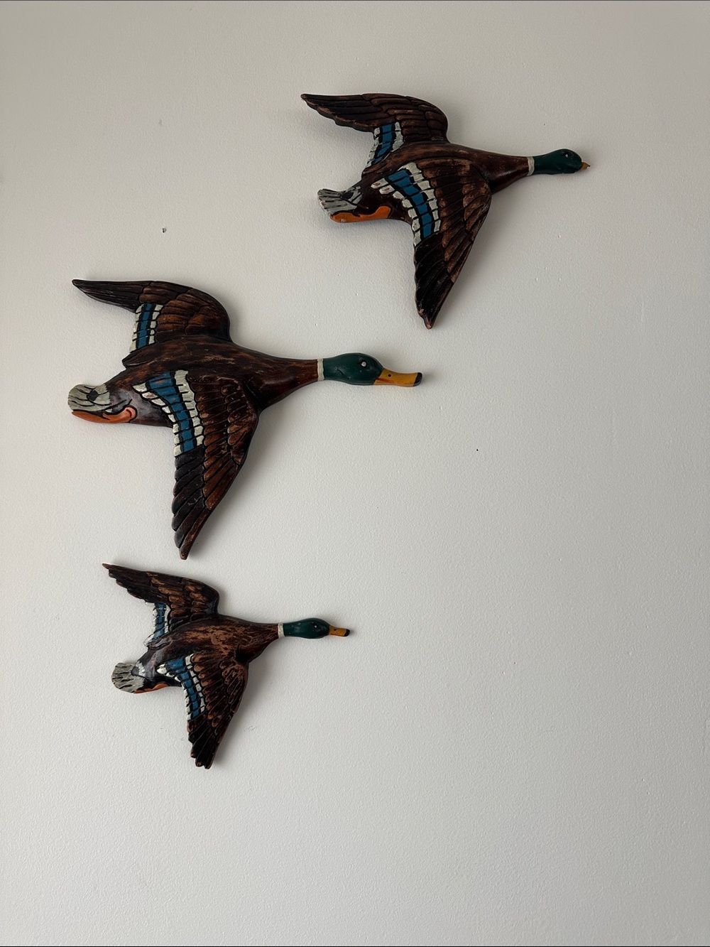 Vintage Hand-Carved Wooden Flying Mallard Ducks Wall Plaques- Set of 3